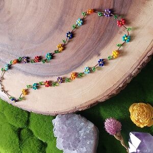 Hand Crafted Colorful Floral Beaded Wildflowers Necklace, Rust Belt Raised